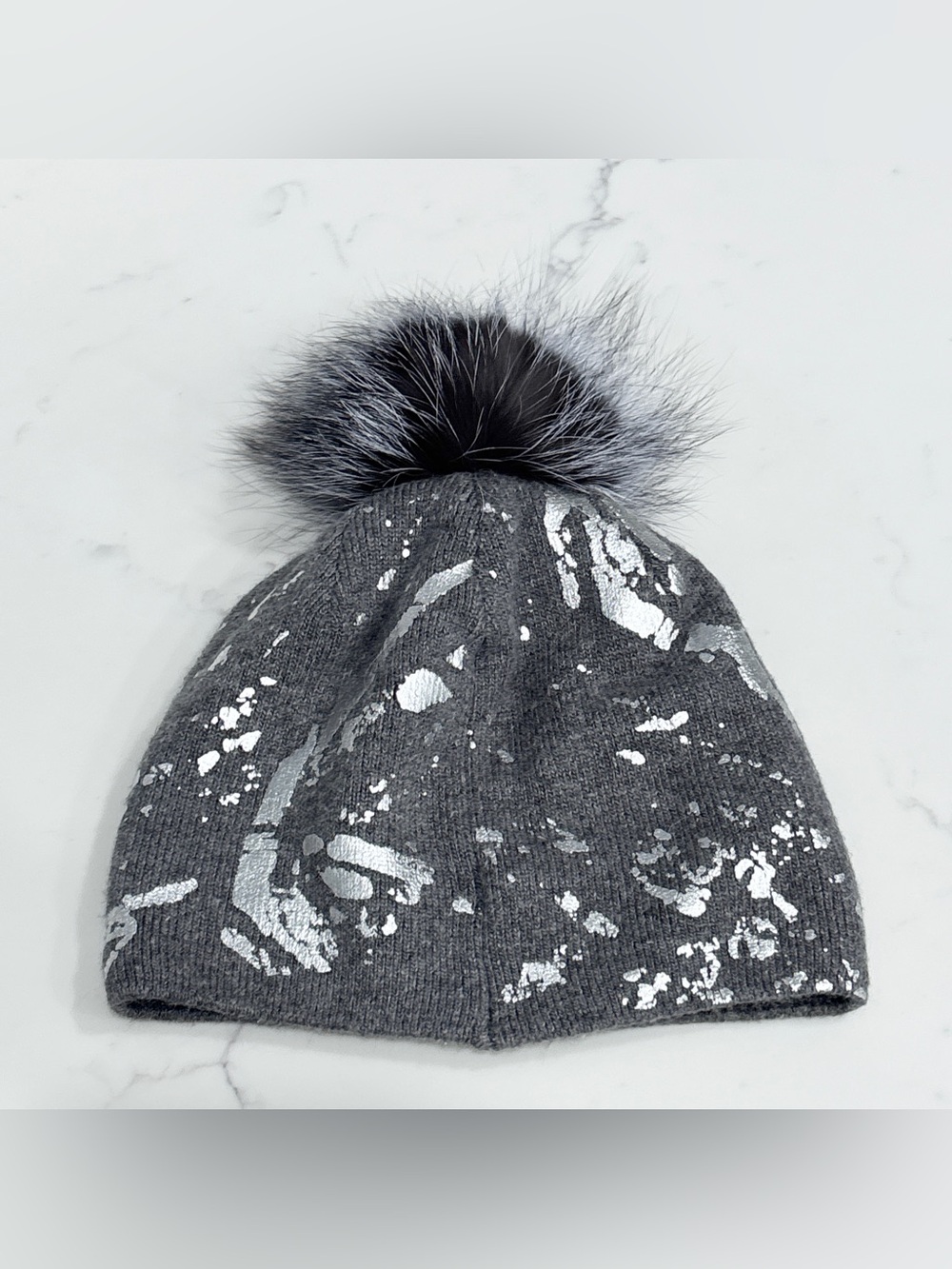 Mitchies Matchings Metallic Foil Paint Splatter Beanie Fox Fur Pom Apres Ski